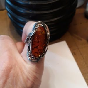 Vintage Amber silver ring rustic 8/9